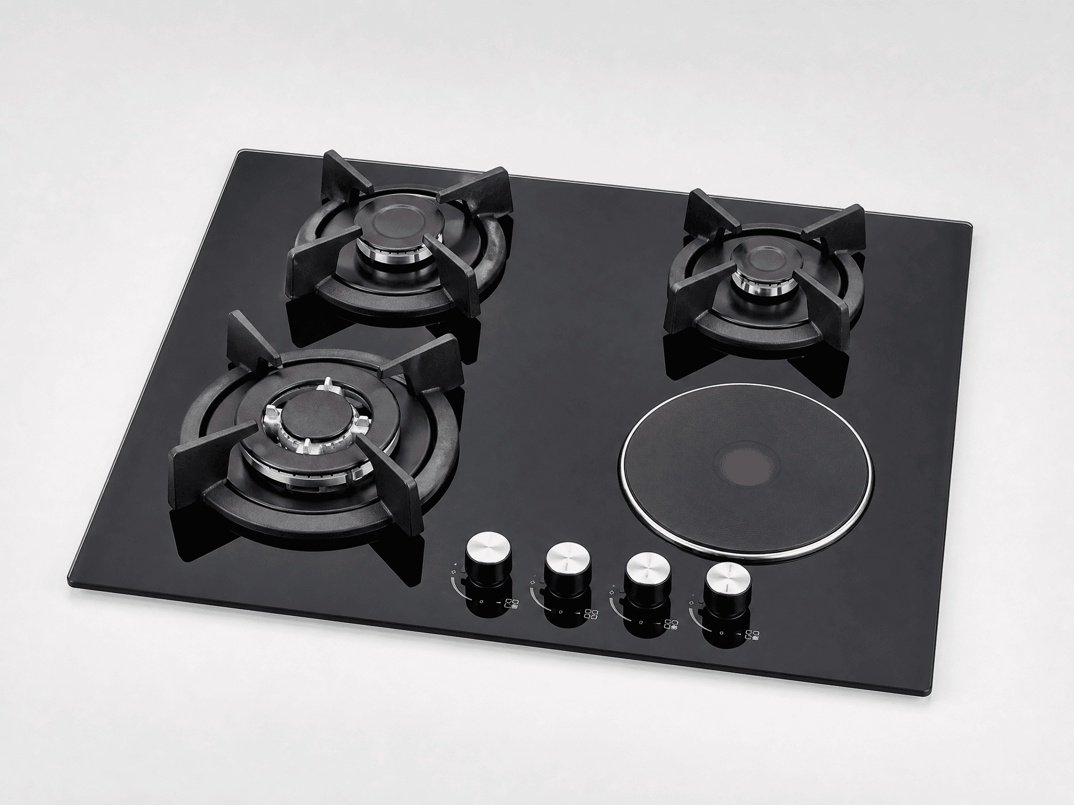4-burner gas and electric hybrid cooktop HP-GH4 with 3 gas burners and 1 electric plate on tempered glass surface
