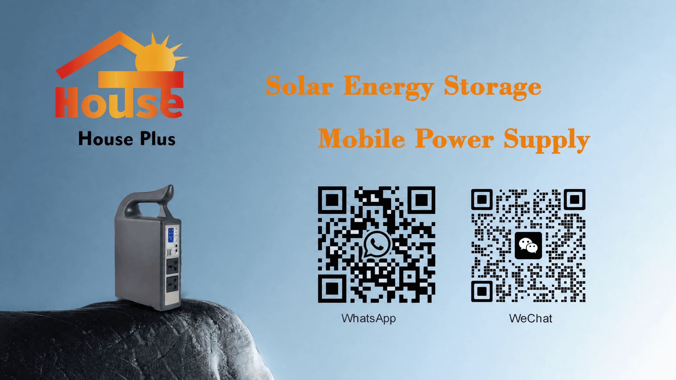 HousePlus portable power supply contact hero with HousePlus logo, WhatsApp and WeChat QR codes, and a portable power unit