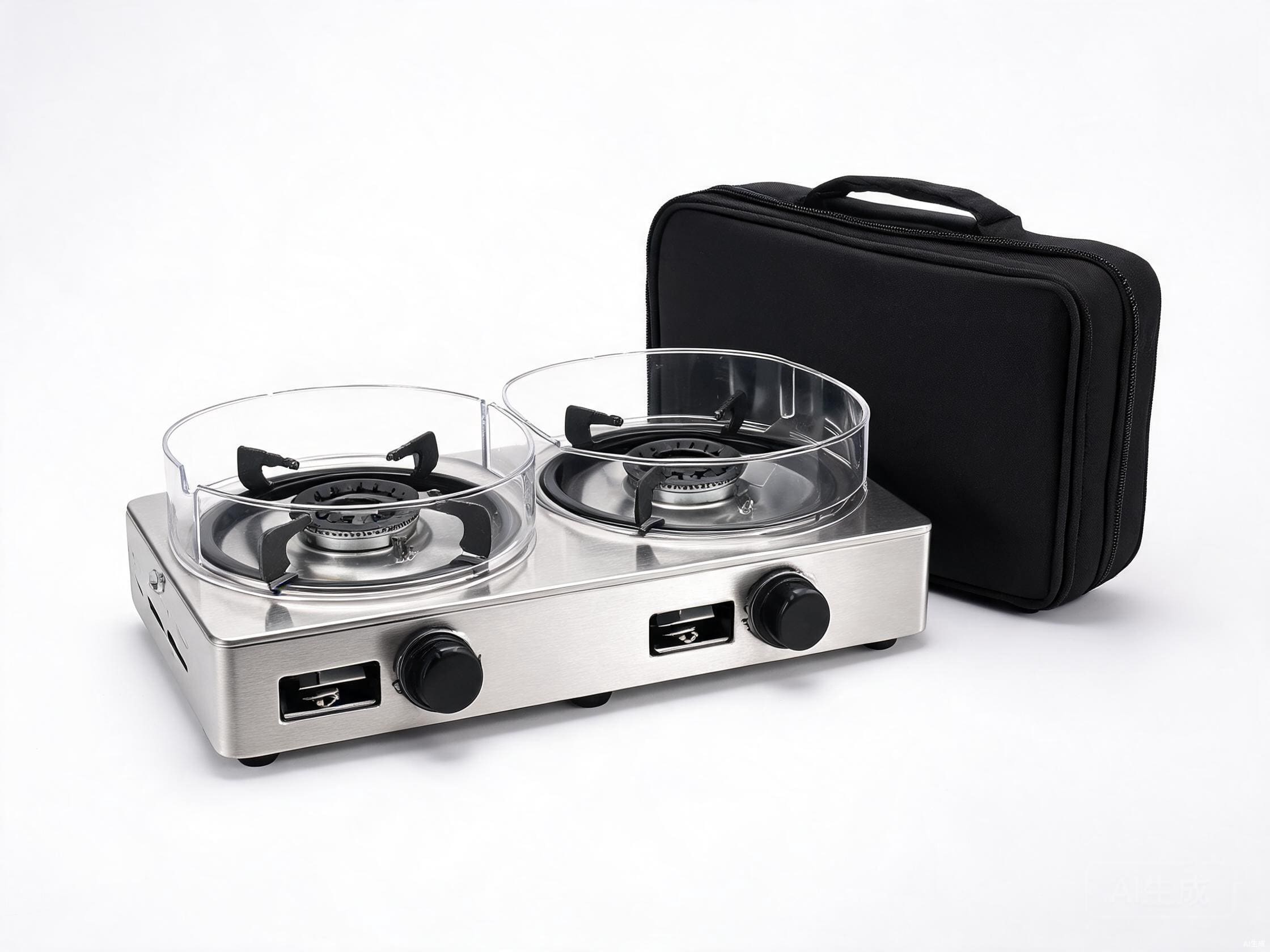 Double burner butane cassette gas stove HP-CS2 with 2 x 2.5kW burners, wind shields and carry case for outdoor camping cooking