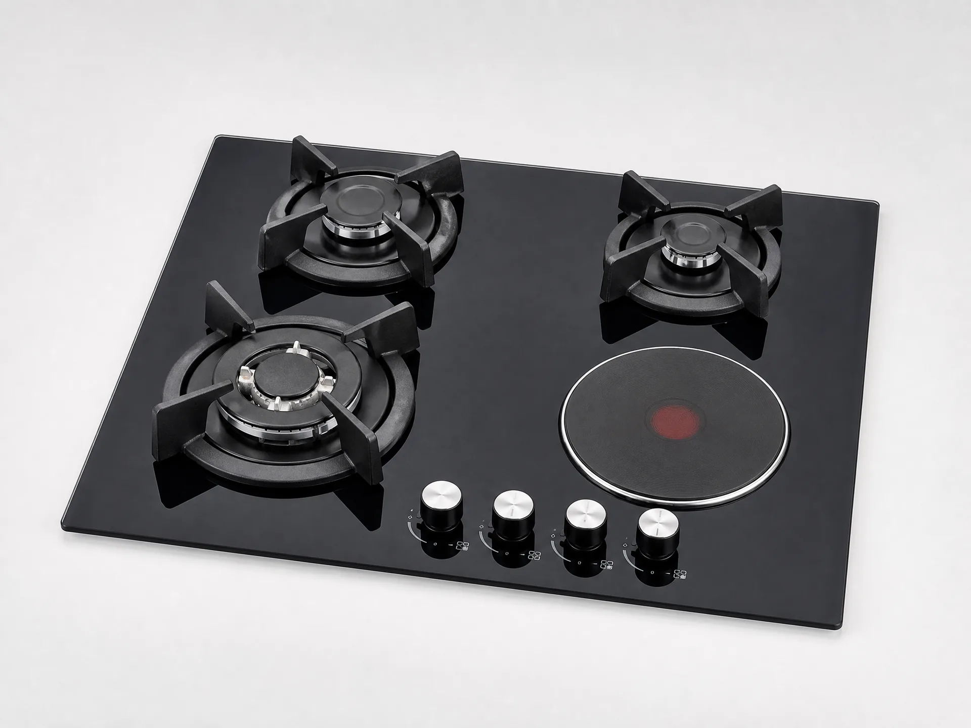 4-burner gas and electric hybrid cooktop HP-GH4 with 3 gas burners and 1 electric plate on tempered glass surface