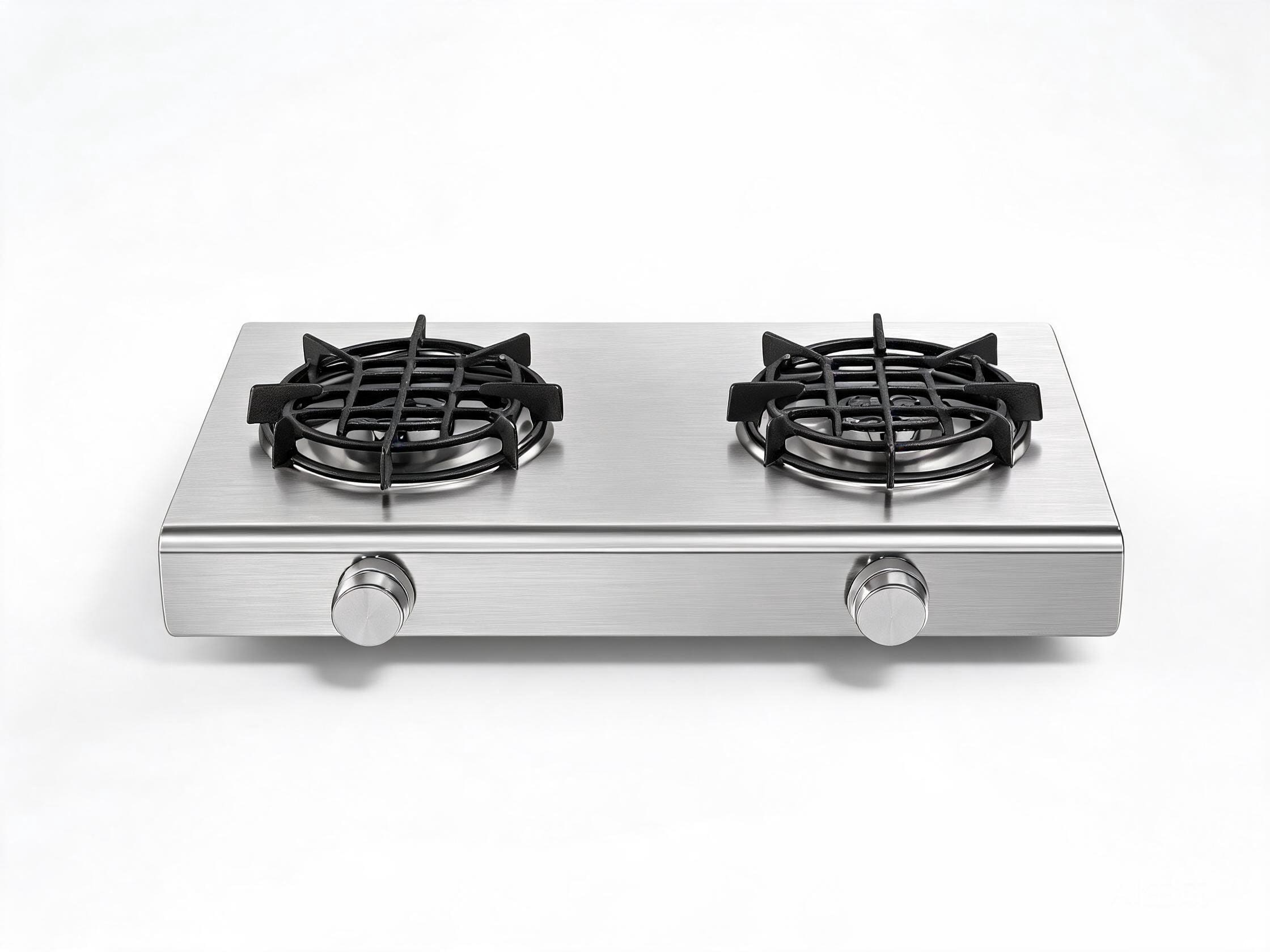 2-burner portable tabletop gas stove HP-GS2 with stainless steel body and cast iron grates for small kitchens