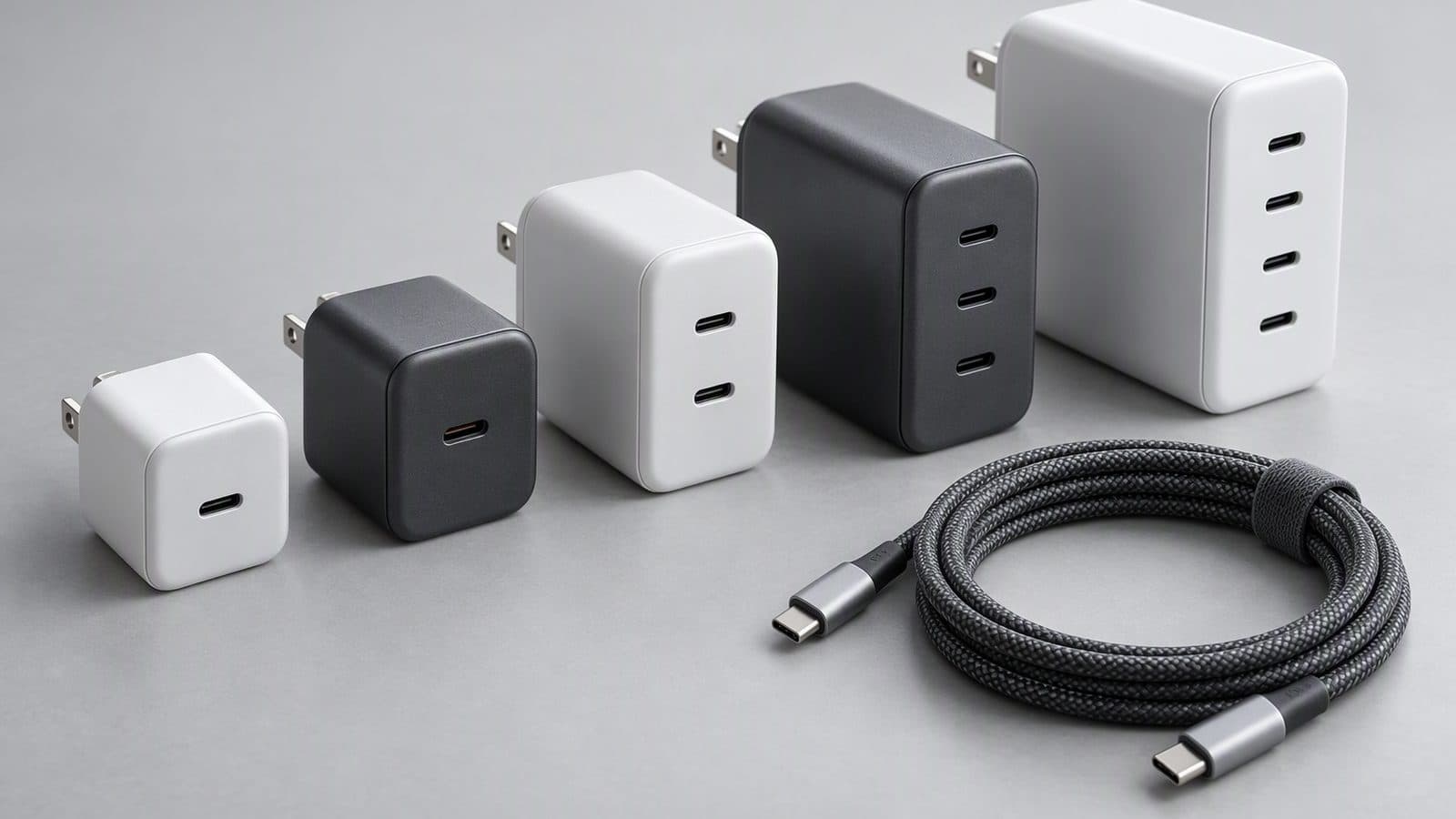 Compact GaN fast chargers arranged on a neutral studio surface Compact GaN fast chargers arranged on a neutral studio surface