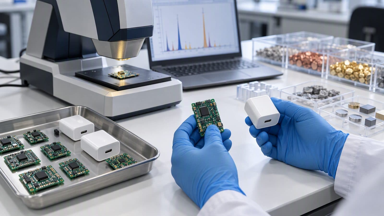 Laboratory technician testing electronics components for compliance Laboratory technician testing electronics components for compliance
