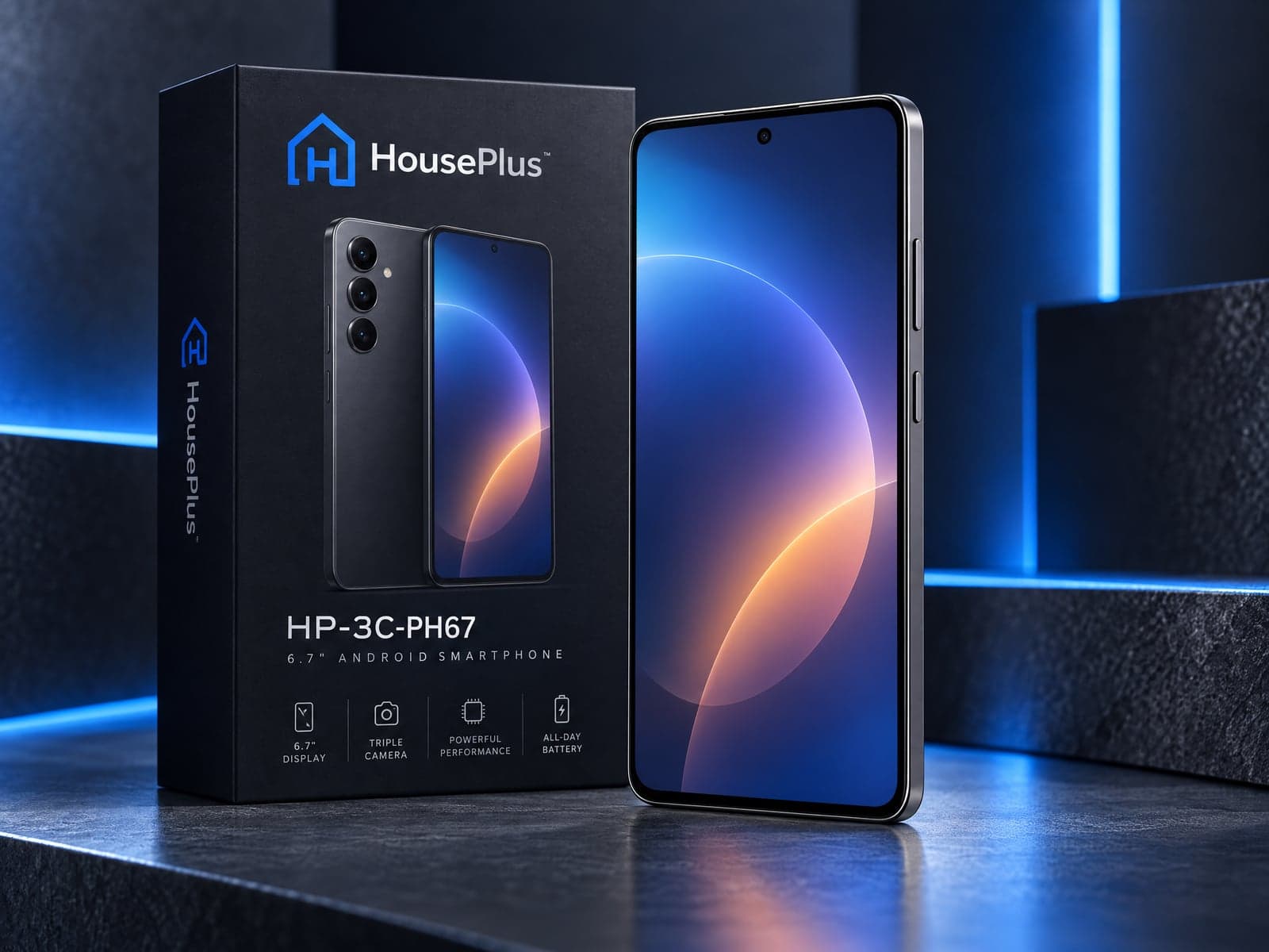 Smartphone Android de 6,7 pulgadas — vista del producto con marca HousePlus