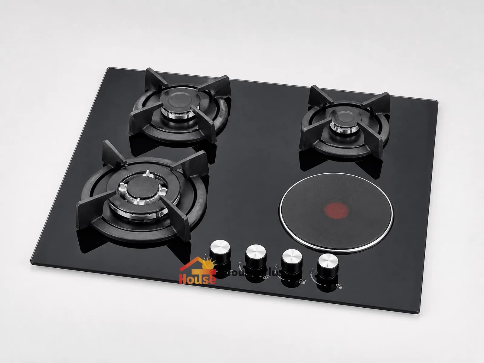 Encimera híbrida de 4 fuegos (3 gas + 1 eléctrica) — vista del producto con marca HousePlus