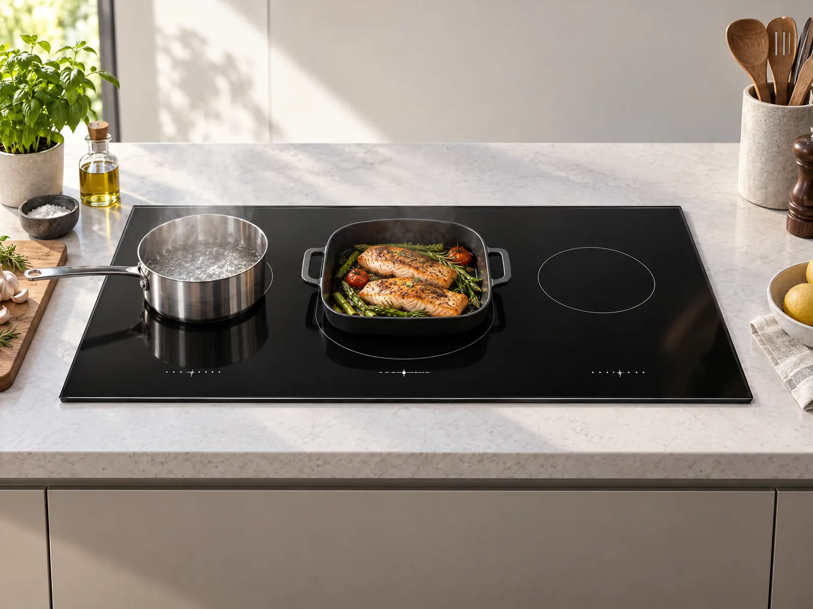 Placa de inducción empotrada de 3 zonas: zona flexible + temporizador — vista del producto con marca HousePlus