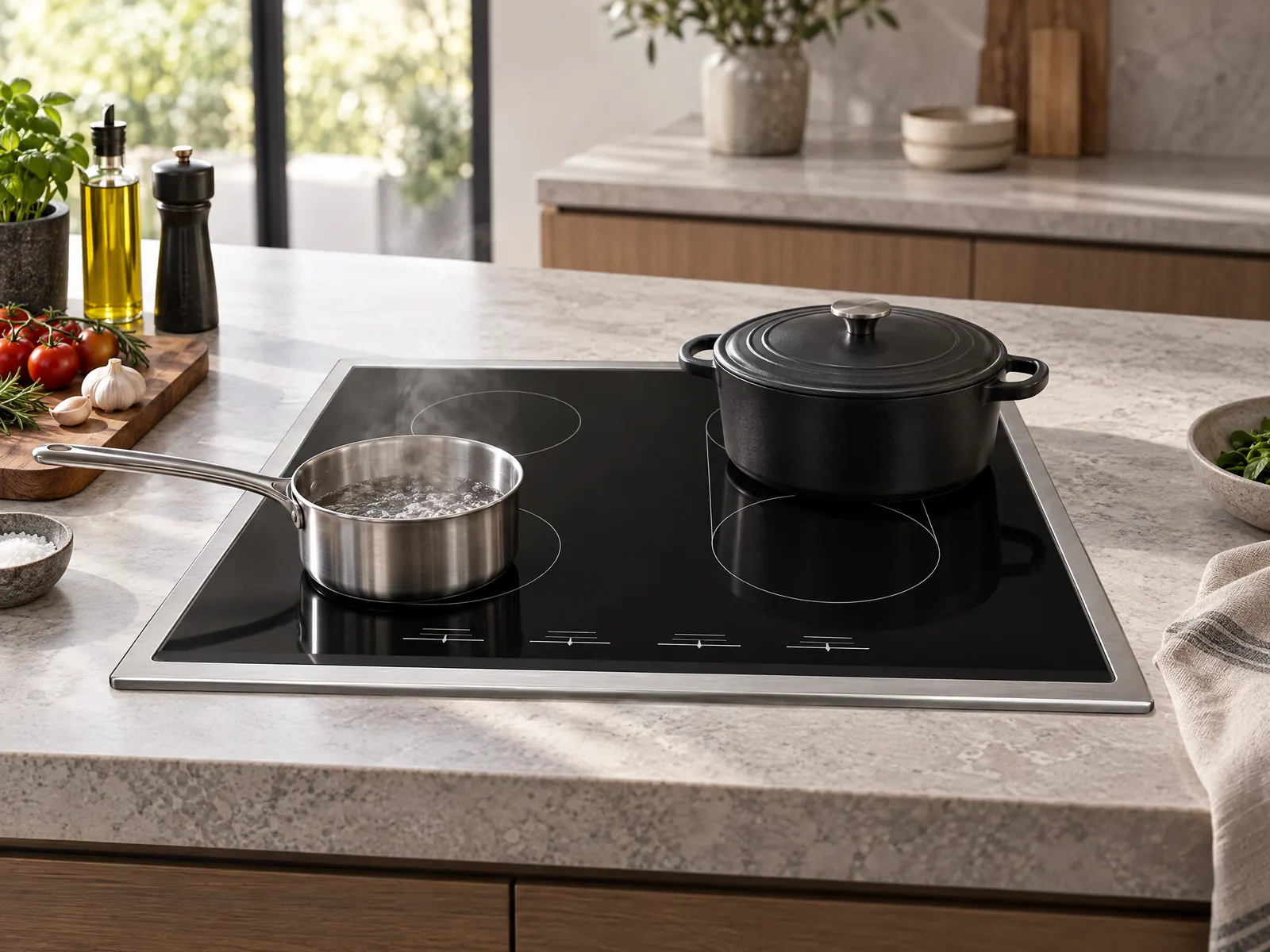 Placa de inducción empotrable de 4 zonas — Flex Bridge + Touch — vista del producto con marca HousePlus