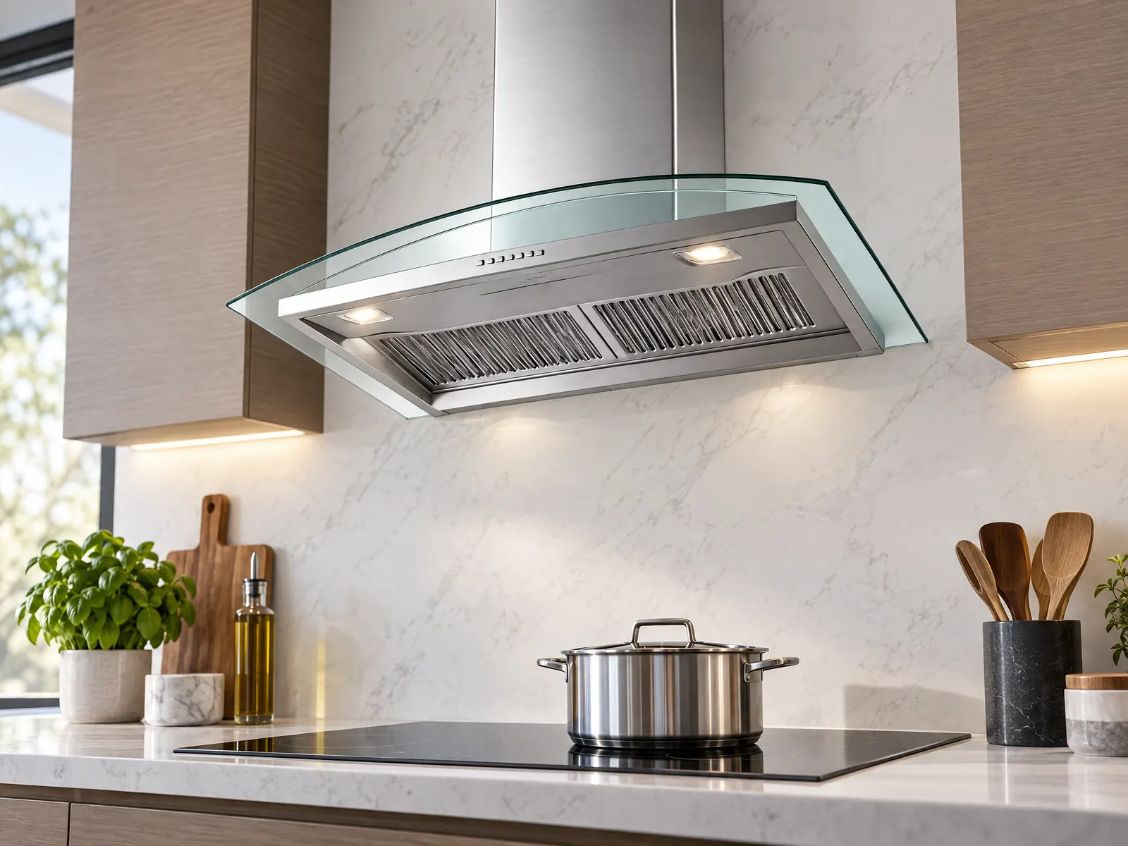 Campana extractora con dosel de vidrio curvo de 900 mm: montaje en pared — vista del producto con marca HousePlus
