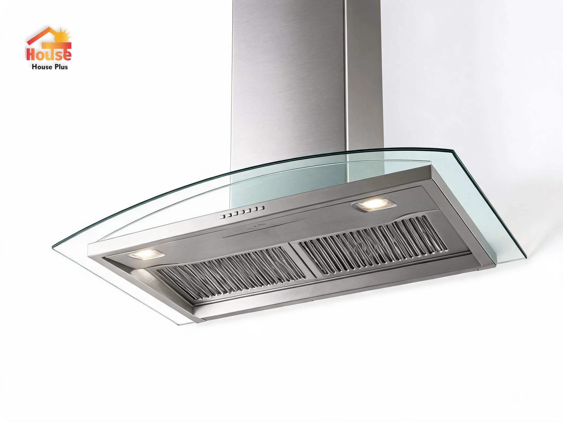Campana extractora con dosel de vidrio curvo de 900 mm: montaje en pared — vista del producto con marca HousePlus