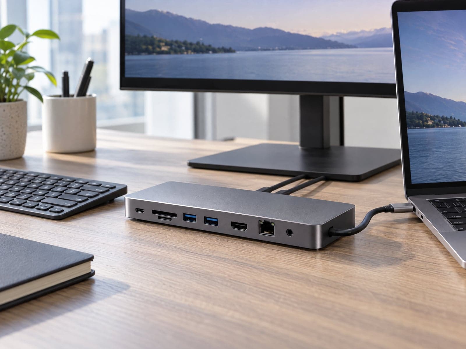 Estación de acoplamiento USB-C 12 en 1 — vista del producto con marca HousePlus