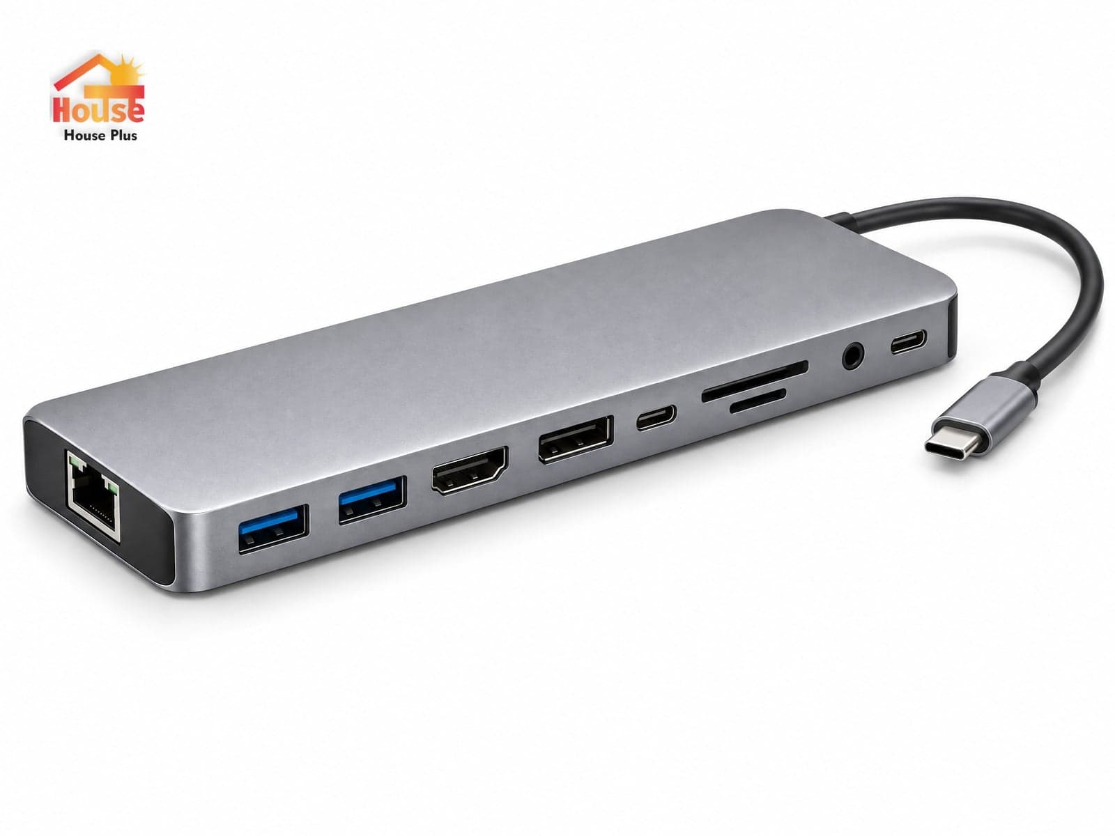 Estación de acoplamiento USB-C 12 en 1 — vista del producto con marca HousePlus