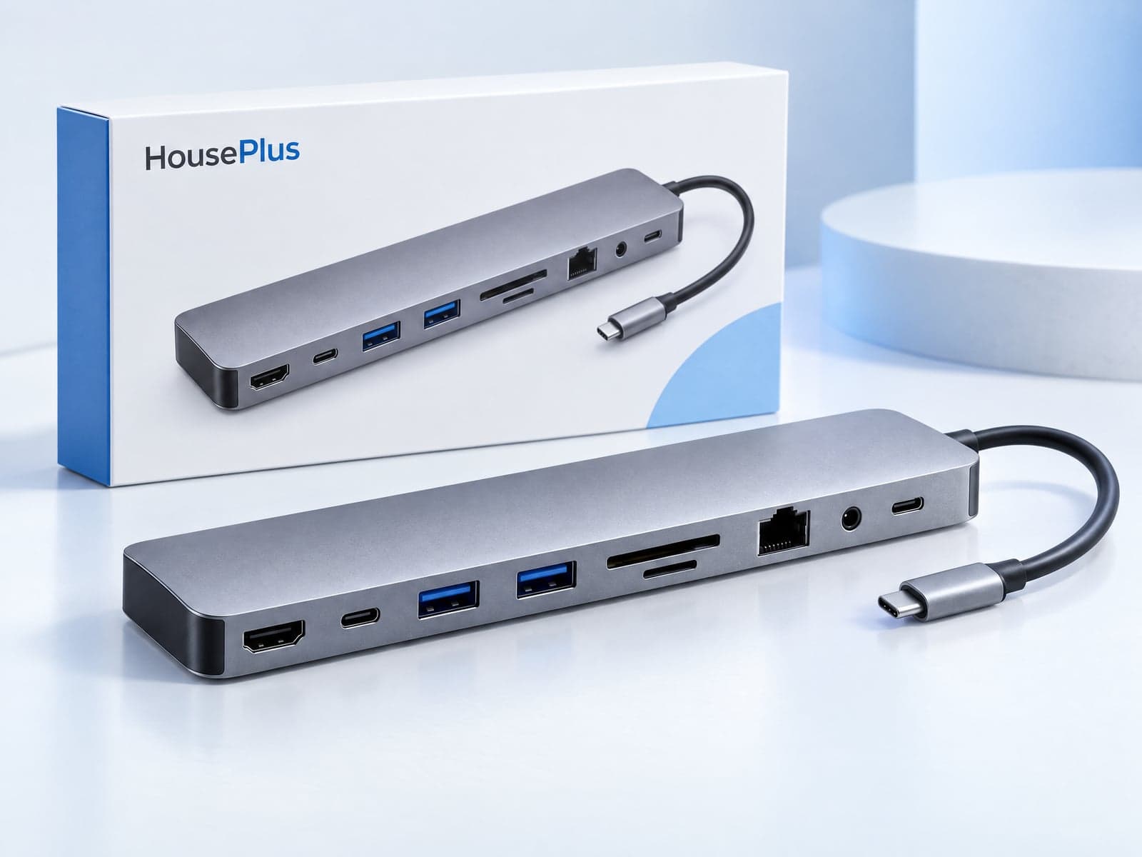 Estación de acoplamiento USB-C 12 en 1 — vista del producto con marca HousePlus