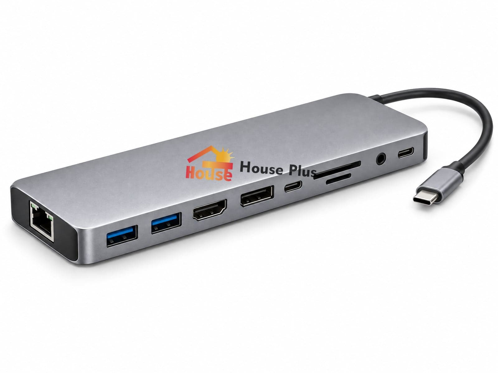 Estación de acoplamiento USB-C 12 en 1 — vista del producto con marca HousePlus