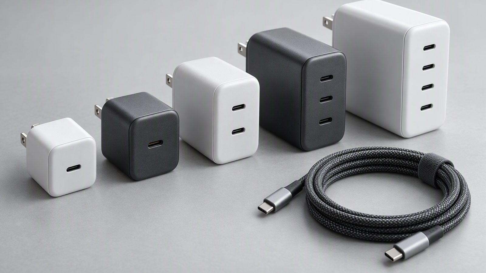GaN Charger Wholesale Sourcing Guide: Specifications That Actually Matter Compact GaN fast chargers arranged on a neutral studio surface