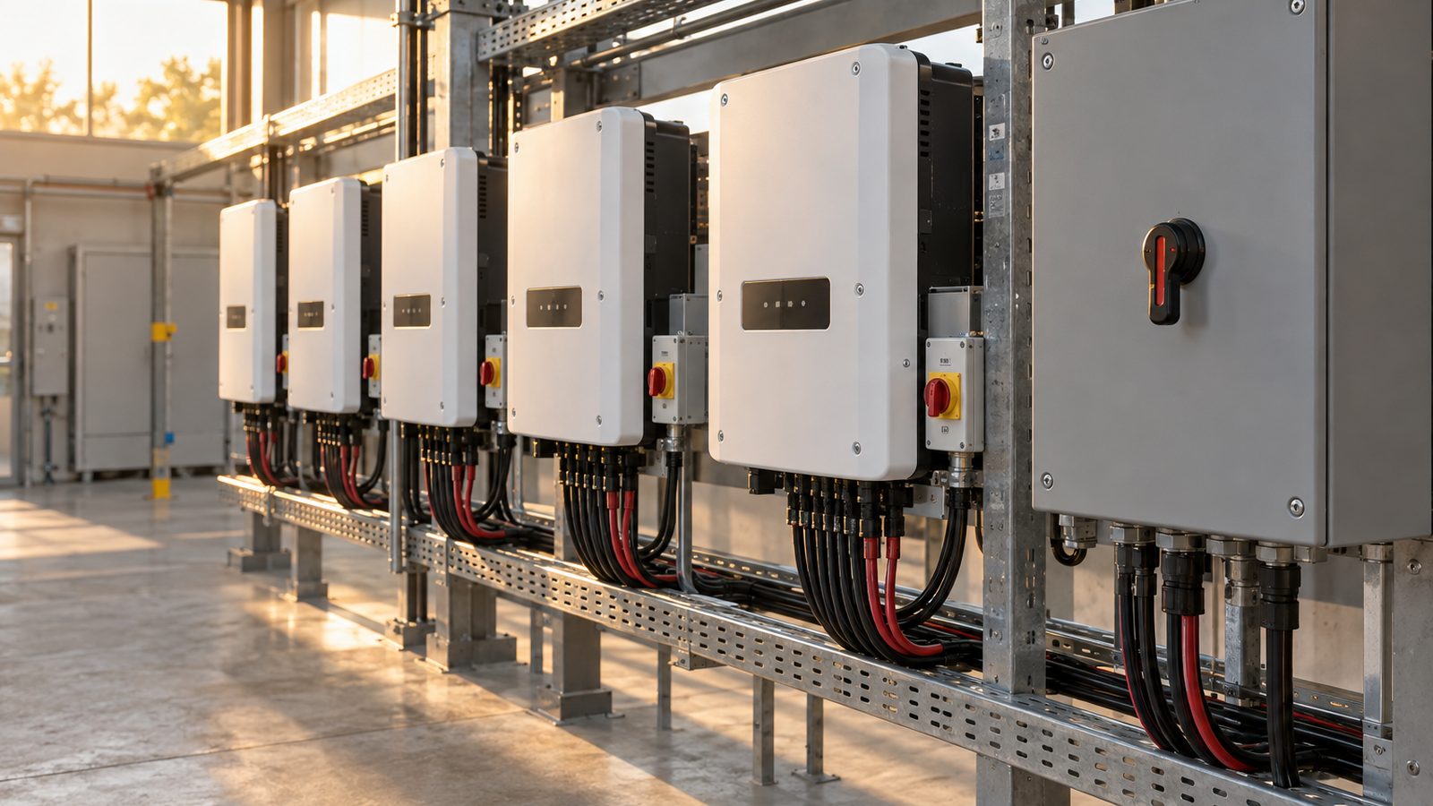 Solar Inverter Selection Guide for Wholesale Buyers: 2026 Technical Criteria Industrial solar array at sunset with inverter and combiner equipment