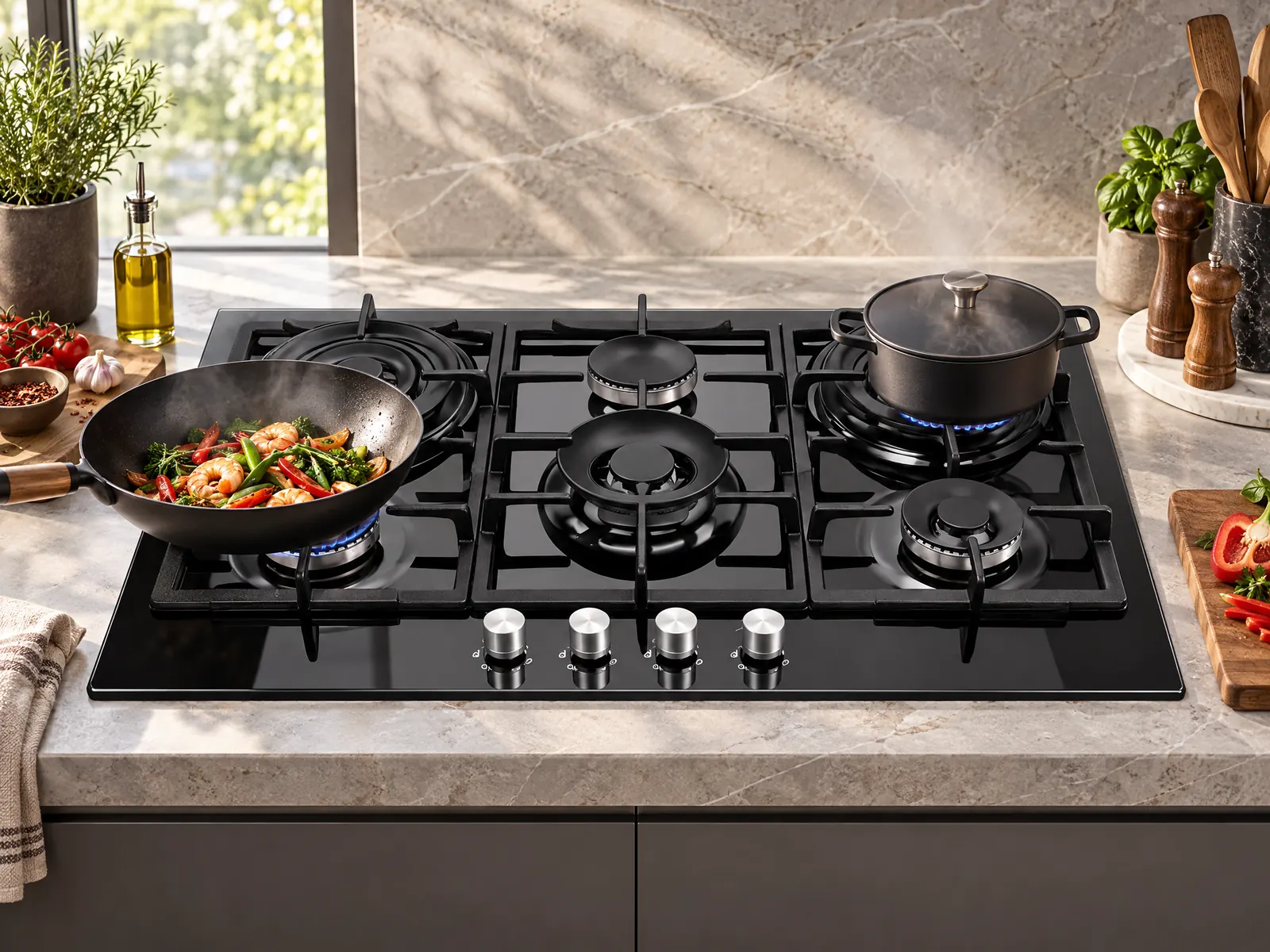 5-Burner Built-in Gas Hob — Double Wok + Tempered Glass — HousePlus branded product view